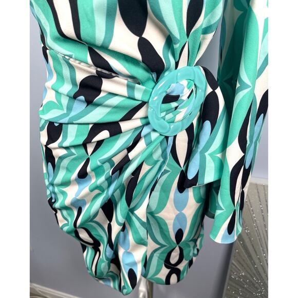 PatBO Twist One Shoulder Ruched Long Sleeve Belted Piscene Blue Mini Dress Sz 4 - Picture 7 of 10